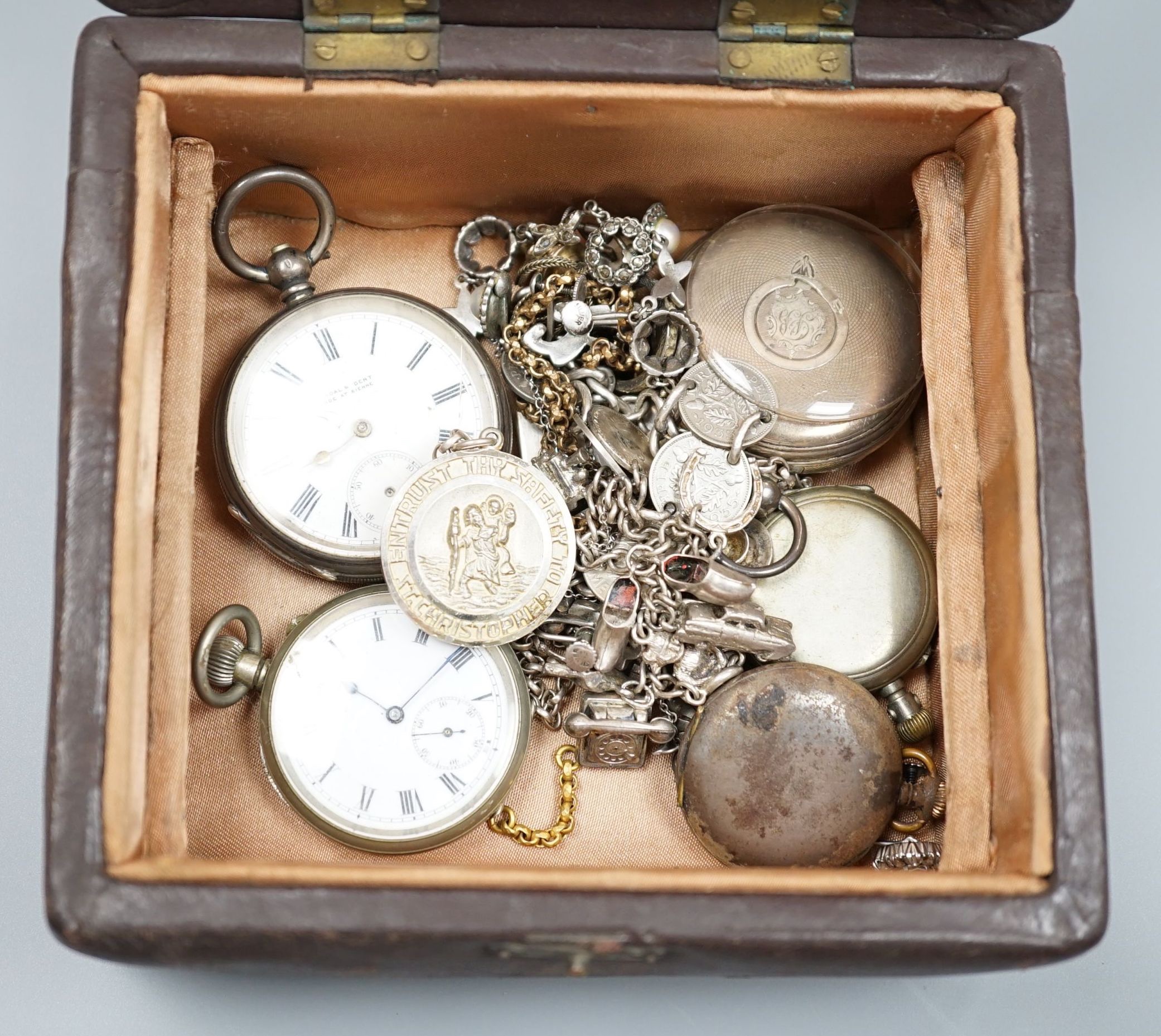 Two silver open face pocket watches, one other nickel cased pocket watch, two fob watches and minor jewellery including paste ear clips and a sterling charm bracelet.